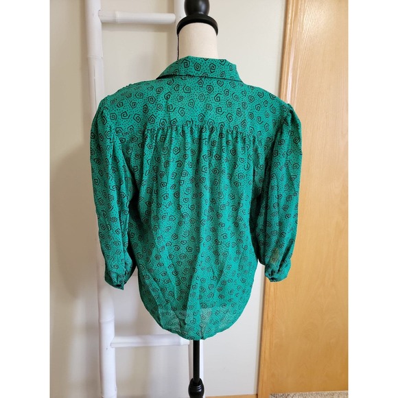 Vintage 80s Josephine Swirl Black and Green Tie Blouse Sz 12 - Picture 5 of 5